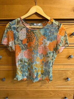 The Great Eros Canova Baby Tee Mesh Orange & Blue Fall Print Sheer Size M Italy